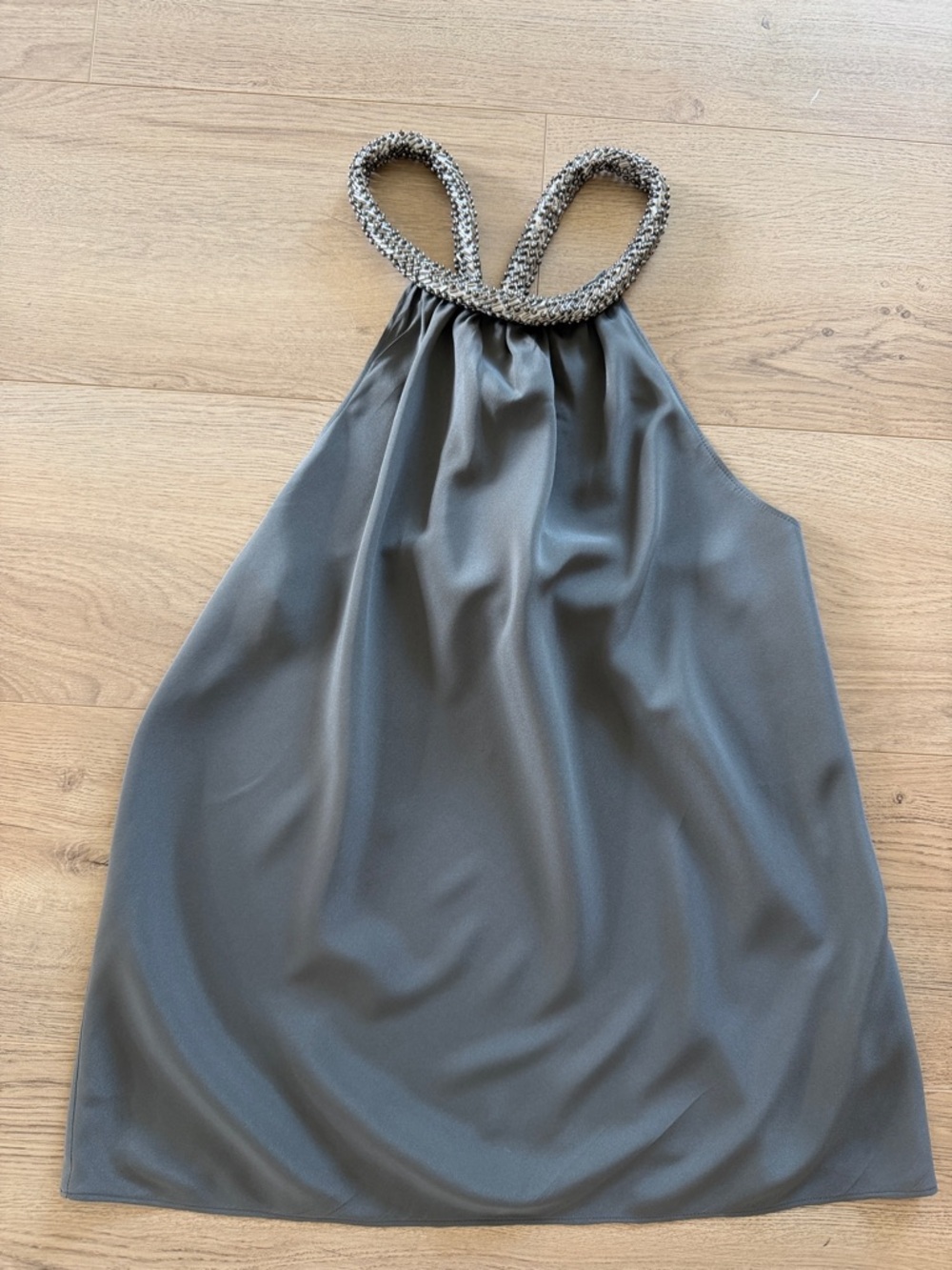 Ramy Brook Beaded Halter Top in Grey Silk.